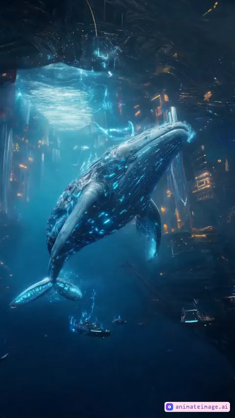 A massive mechanical whale glides through the deep blue ocean, its metallic exterior shimmering with glowing neon circuitry. As it moves, waves of blue light ripple across its body, illuminating the surrounding water.  The camera slowly zooms out from an underwater perspective, emphasizing the whale’s immense scale and capturing the elegance of its movements. Its entire form slices through the water effortlessly, with its fins swaying fluidly, dispersing tiny luminescent particles around it.  In the background, a sprawling underwater city is visible, its structures adorned with golden and blue luminescent streams, giving off a futuristic ambiance. Small spacecraft-like vessels swim alongside the whale, as if following in its path.  Pulses of bright blue energy periodically radiate from the whale’s core, while faint electric currents trace intricate patterns along its surface.  Ultra-high-definition cinematic footage, 8K details, futuristic atmosphere, mystical deep-sea setting, smooth camera movements, sci-fi-inspired lighting effects, grand sense of scale.  