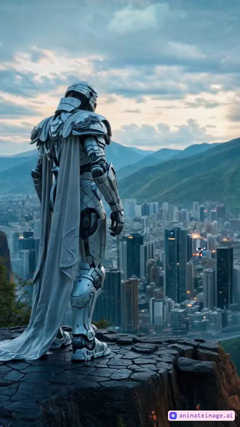The video begins with a panoramic sweep over the sprawling cityscape, transitioning to the majestic mountains in the background. The camera slowly zooms in on the armored figure standing on the rocky ledge, his metallic form reflecting the fading sunlight. As his cape flutters in the wind, his glowing blue visor pulses softly. A distant explosion erupts in the city below, casting a fiery glow. The figure clenches his fist, turns slightly to face the chaos, and takes a determined step forward, the sound of his heavy metallic footfall echoing against the mountains