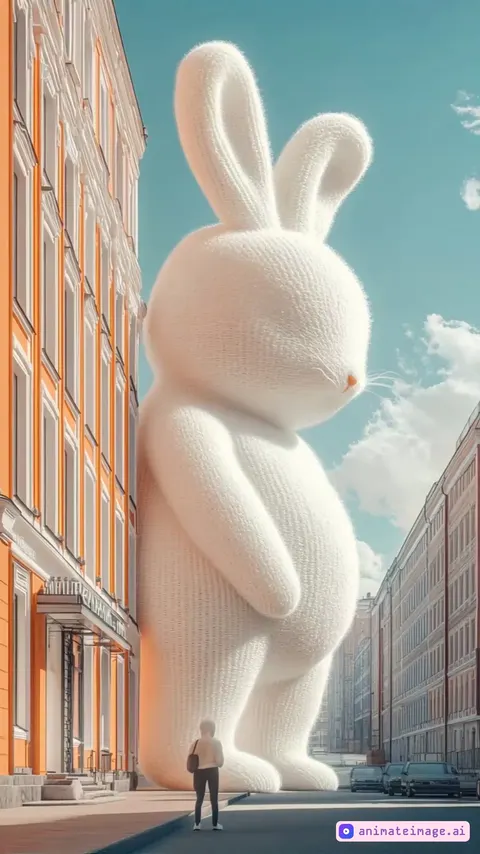 A cinematic smooth-motion animation of a colossal knitted bunny towering over Moscow’s city streets. The camera starts at a low angle, tilting upward as the giant woolen bunny gently moves its ears and shifts slightly, creating a sense of softness and scale. Pedestrians react in awe, taking photos, while a gentle breeze subtly lifts fibers from the bunny’s knitted texture, enhancing realism. Sunlight casts a warm, golden glow, gradually transitioning the color palette from winter cool tones to soft pastel spring hues. The bunny's massive paws gently press on the ground, creating a rippling effect of knitted textures spreading outward onto nearby buildings. The movement is seamless, slow, and elegant, emphasizing the dreamlike transformation of the urban environment. Hyper-detailed textures, cinematic depth of field, realistic fabric physics, 9:16 aspect ratio, smooth frame transitions, no abrupt cuts.