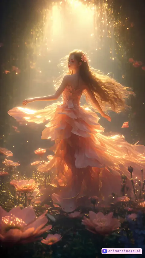 "A divine flower goddess gracefully dances in a surreal, dreamlike garden, her flowing gown made of delicate petals shifting colors from soft pink to radiant gold. Her long, silky hair moves like a gentle breeze, adorned with glowing blossoms. As she twirls, flowers bloom around her, petals floating and swirling in the air like magical energy. She moves effortlessly, as if weightless, performing a mesmerizing celestial dance that blends ballet and slow, ethereal movements. The background is an enchanted floating garden filled with luminous plants, soft golden mist, and gentle, dreamlike light. Her arms extend elegantly as she conjures glowing floral energy, and her eyes radiate a serene, otherworldly presence. The camera captures close-ups of her hands releasing flower petals, slow-motion spins that make her gown ripple like flowing water, and wide shots of her surrounded by a sea of floating blossoms. The entire scene exudes a sense of divine tranquility, beauty, and surreal magic. High-quality 8K, ultra-detailed, hyper-realistic, breathtakingly elegant and enchanting.