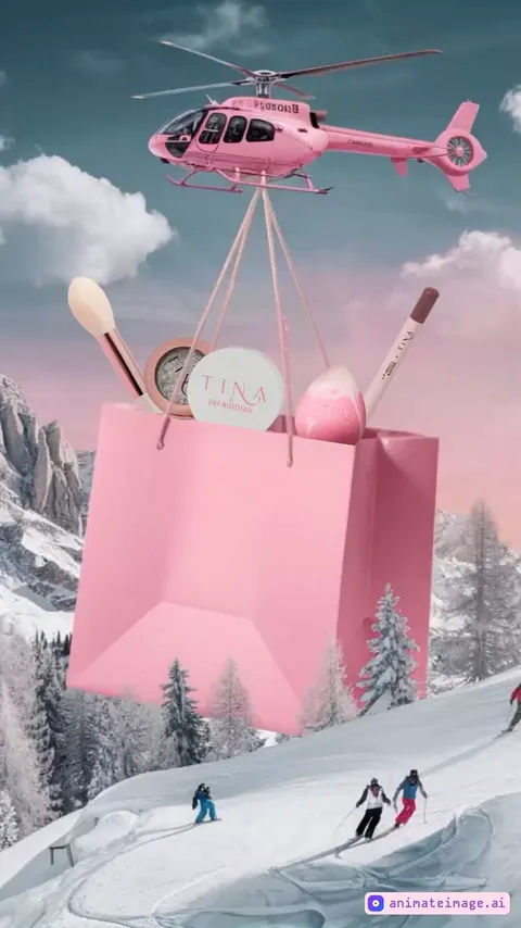 "A pink helicopter flies over snowy mountains, carrying a huge pink gift bag with ropes. Inside the bag, there is makeup: a brush, lip gloss, powder, lipstick, and a beauty sponge. Below, skiers are gliding down the snowy slope. A magical winter atmosphere, soft sunset light, stylish and aesthetic shot."