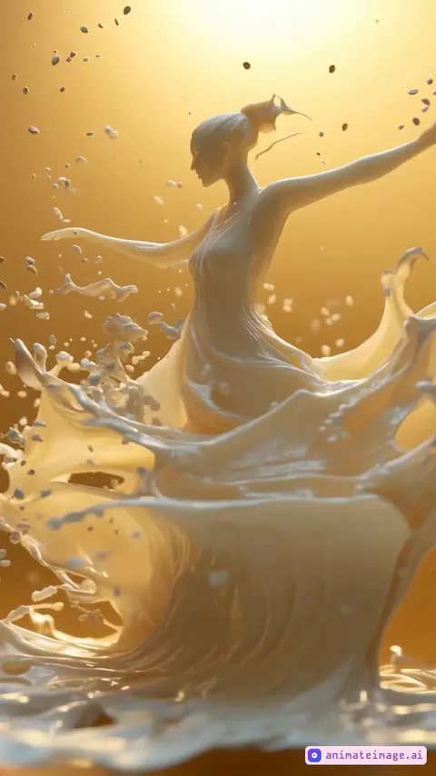 A mesmerizing, hyper-realistic cinematic animation of a woman entirely made of oat milk, dancing gracefully to a reggaeton rhythm. Her body flows and sways dynamically with every beat, seamlessly merging with the surrounding liquid, as oat milk droplets splash naturally following precise fluid mechanics. Her movements are professional and hypnotic, resembling a skilled dancer with controlled energy and perfect rhythm. The lighting is warm and atmospheric, casting soft highlights on the liquid textures, while the background remains subtly blurred to enhance depth. The camera follows her movements smoothly with cinematic tracking shots, gentle zoom-ins, and slow-motion flourishes at key moments to emphasize her elegance. Muted colors ensure a sophisticated, non-overly saturated look. The entire animation exudes a Hollywood-level quality, combining fluid physics with artistic direction to create an unforgettable visual masterpiece