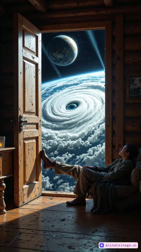 A person is sitting with their legs stretched out, looking out of a window into space. The view outside the window shows a stunning scene of Earth from orbit, with a massive hurricane visible over the ocean. The animation should focus on the slow rotation of the hurricane, the gentle movement of the clouds, and the subtle shift of the person's legs as they relax. The lighting should transition smoothly to mimic the passing of time in space.