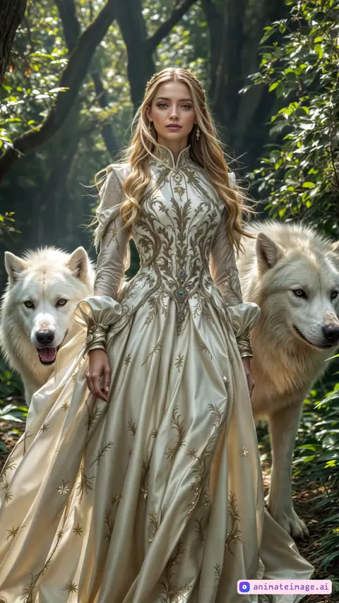 A stunning, confident woman walks like a runway model, flanked by majestic wolves moving in perfect sync. Her flowing outfit sways with each step, exuding elegance and power. The background is cinematic and moody—misty twilight forest, icy tundra, or a neon-lit futuristic city. Fog drifts, embers flicker, or soft snow falls, enhancing the mystical atmosphere. The camera captures a low-angle tracking shot with slow-motion highlights, dramatic lighting accentuating her form and the wolves' silhouettes, creating a breathtaking fusion of grace and primal dominance.