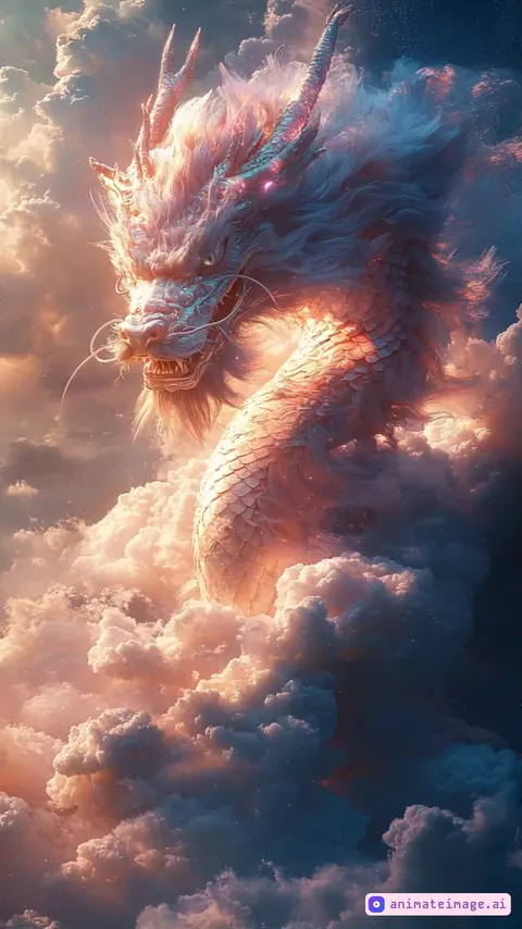 Une scène cinématographique épique et onirique où un dragon gigantesque, rose clair et majestueux, émerge d'une mer de nuages blancs et cotonneux. Son corps scintillant reflète la lumière, avec des écailles irisées qui captent des reflets nacrés. Le dragon charge son souffle destructeur, et des éclairs rosés zèbrent les nuages, créant une atmosphère électrique et chaotique. Le climat semble devenir fou : les nuages s'agitent, tourbillonnent et se teintent de nuances roses et dorées sous l'effet de l'énergie dégagée. Le dragon, avec ses cornes imposantes et ses yeux lumineux, inspire à la fois crainte et fascination. Soudain, il libère un gigantesque souffle de feu, une tempête enflammée qui embrase le ciel et déchire les nuages. Les éclairs rosés s'intensifient, et l'air semble vibrer sous la puissance de l'attaque. La scène respire la grandeur et la magie, avec des détails hyper-réalistes et des effets de lumière spectaculaires.