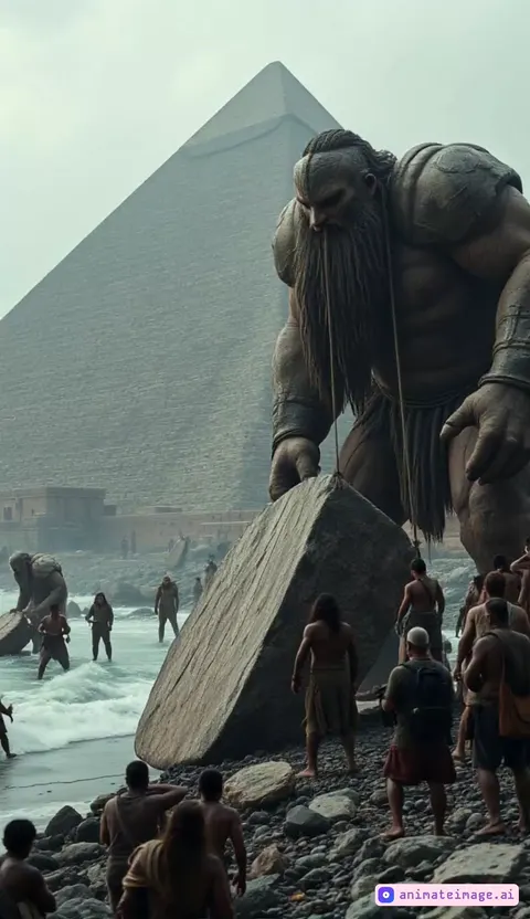 Against the backdrop of a magnificent Egyptian pyramid, an incredible scene unfolds – enormous giants are helping to construct the ancient structure. One of them, clad in armor, lifts a massive stone block, preparing to set it in place. Surrounding him, ordinary people, significantly smaller in size, watch the process, while some actively participate in the construction. The atmosphere is filled with a sense of mystery and ancient power, as if history itself is coming to life before our eyes.