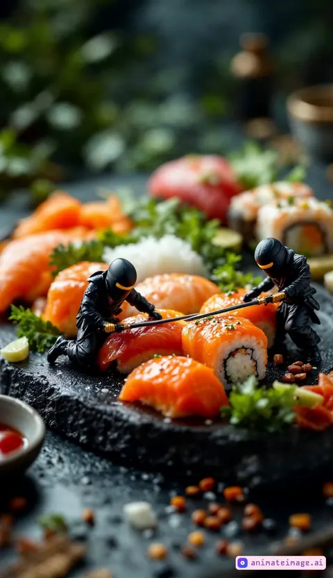 Food scene surreal: miniatures ninja figures cut with their saber succulent sushis. 