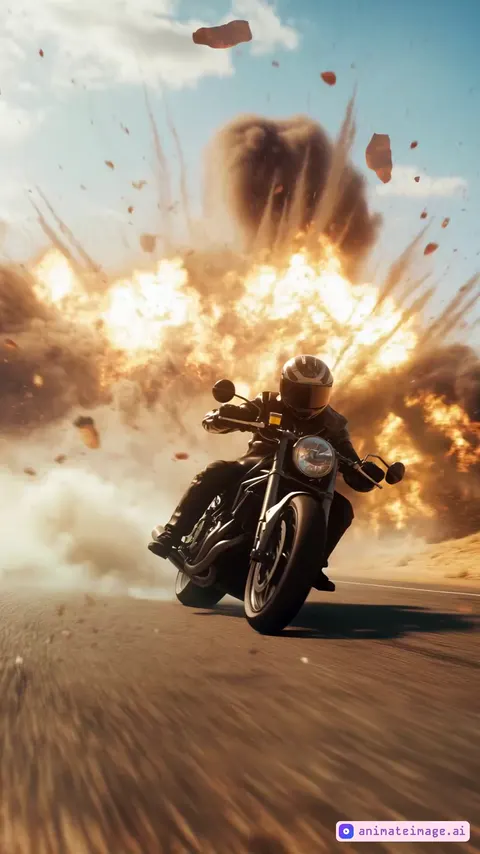 Hyperspeed POV shot a bike ride, dodging explosions, The camera weaves through smoke, rubble, and blasts, with the environment blurring in rapid motion as chaos unfolds all around
