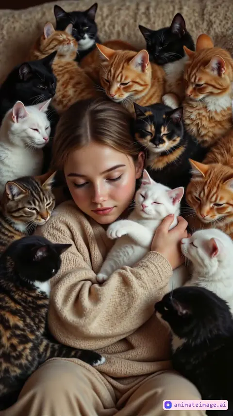 A cozy indoor setting with soft lighting. A young girl sits on a plush carpet, surrounded by various cats of different sizes and colors. Begin with a wide shot to show the girl in the center, with cats approaching from all directions. Animate each cat cuddling up to the girl: a fluffy white cat nuzzles her cheek, a tabby curls around her lap, a black kitten snuggles into her side, and a large orange cat drapes over her shoulders. The girl giggles softly, her expression joyful. Each cat purrs contentedly, their eyes half-closed. The camera slowly zooms in to focus on the girl's happy face, then pulls back to show the harmonious scene. Fade to black. Include gentle purring, soft giggles, and a warm, soothing melody for the background.