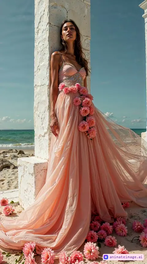 "The model poses beautifully and femininely for the camera, her head and hands moving anatomically correctly. She has a languid and mysterious gaze, expressing calmness and enjoyment of the warm sun and sea breeze. A gentle breeze stirs her hair and sways the decorative flowers on her dress, while the flowers at her feet are slightly blown to the sides. The camera very slowly and smoothly performs an orbital movement to the right. 8K resolution, very detailed and crisp"