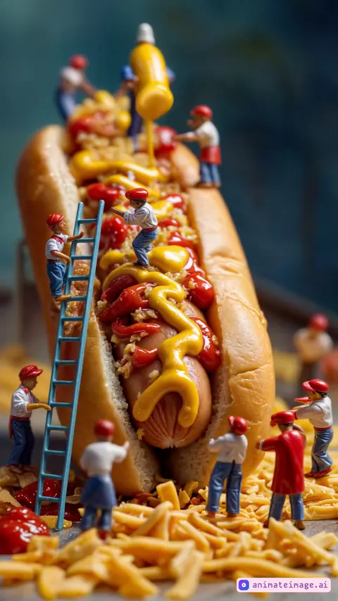 tiny cooks decorating a hot dog, subtle motion, camera follows them