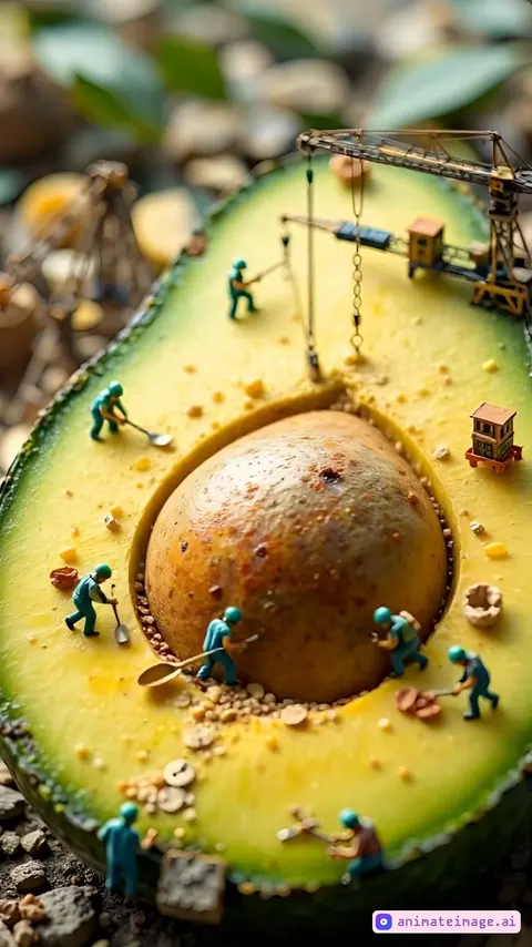 A group of tiny workers and engineers, equipped with drilling and construction tools, are excavating around the large pit of an avocado, which remains inside the fruit. Some workers use shovels and pickaxes on the surface, while others operate miniature cranes and conveyor belts to clear the area around the pit. The scene is highly detailed and realistic, featuring well-balanced lighting, scattered dirt, and finely crafted miniature engineering equipment.