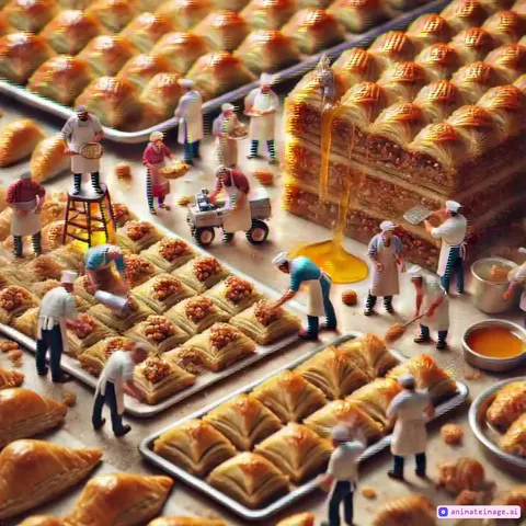 Tiny workers carefully making baklava by hand