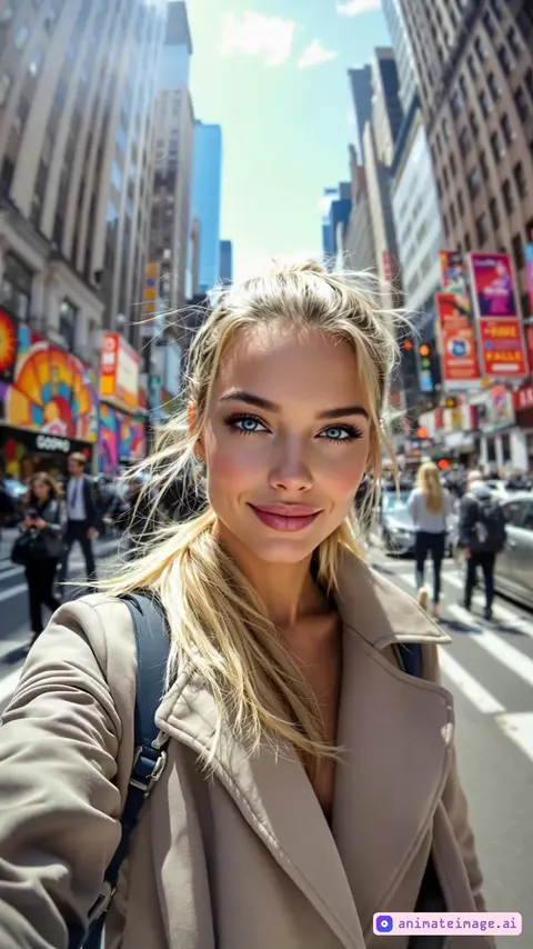Russian supermodel strides confidently through bustling New York streets, blonde ponytail glistening in sunlight. Piercing blue eyes sparkle with warm smile as she poses for her blog, mounted GoPro camera capturing every angle. Extreme close- ups reveal intricate details: city sounds echoing off skyscrapers, vibrant street art adorning walls, and model's effortless charm. Wide- angle shots immerse viewer in the fashion scene, showcasing Manhattan's iconic landmarks, pedestrians rushing by, and model's striking poses amidst urban chaos. GoPro's rugged features emphasize dynamism, capturing every movement, pose, and detail as our supermodel navigates the city that never sleeps