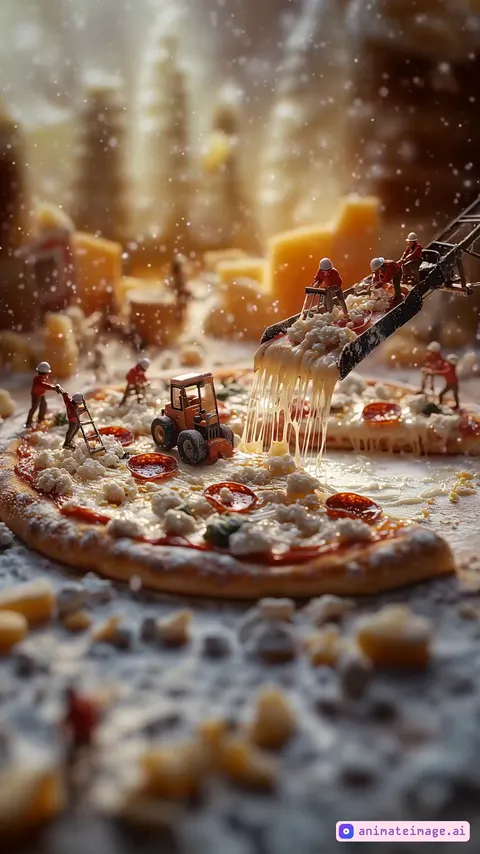 The tiny workers move dynamically across the pizza surface, carefully placing toppings and spreading cheese. The miniature snowplow advances smoothly, pushing and scattering shredded cheese in a gentle arc, with small pieces tumbling naturally. A worker on a ladder leans forward, reaching to place a basil leaf with precise motion. Another worker carefully steps over gooey, stretching cheese, maintaining balance. The excavator’s arm smoothly tilts, pouring molten cheese in a slow, continuous stream, dripping and stretching before settling. Warm lighting accentuates the glossy texture of the melted cheese and crispy crust, with steam subtly rising. Natural and realistic motion.  