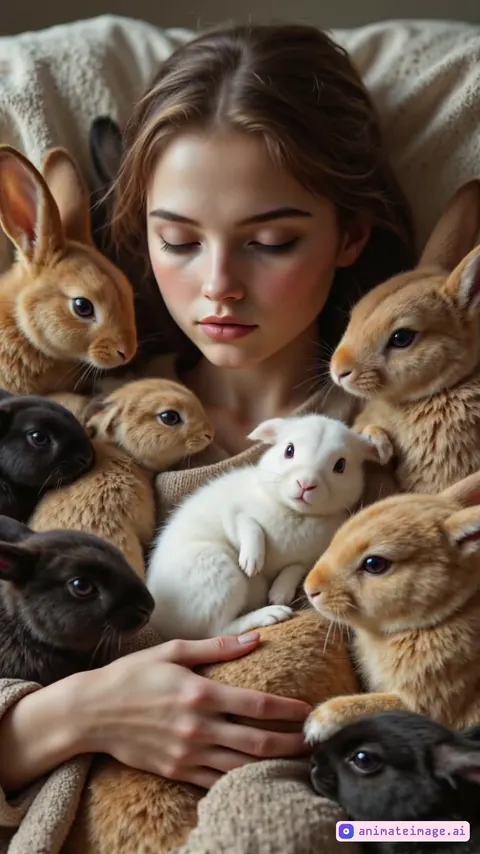 A cozy indoor setting with soft lighting. A young girl sits on a plush carpet, surrounded by various rabbits. Begin with a wide shot showing the girl in the center, with rabbits approaching from all directions. Animate a black rabbit looking into the camera, then trying to hug it by reaching out with both paws. The girl giggles softly, her expression joyful. Other rabbits cuddle up to her: a fluffy white rabbit nuzzles her cheek, a tabby-patterned rabbit curls around her lap, a black bunny snuggles into her side, and a large orange rabbit drapes over her shoulders. Each rabbit twitches its nose contentedly, their eyes half-closed. The camera slowly zooms in to focus on the girl's happy face, then pulls back to show the harmonious scene. Fade to black. Include gentle rabbit sniffing sounds, soft giggles, and a warm, soothing melody for the background.