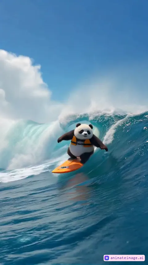 The panda surf with dangerous stunt on the sea
