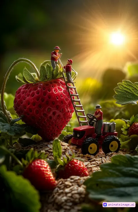 Tiny farmers climb ladders, picking strawberries and placing them in woven baskets. One farmer waves happily from a leaf. The oat-flake tractor moves across the leaf surface, leaving tiny trails behind