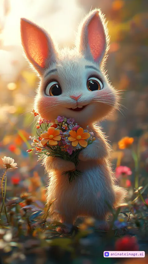 A bunny walks through a clearing with a bouquet of wildflowers and holds out the bouquet towards the camera