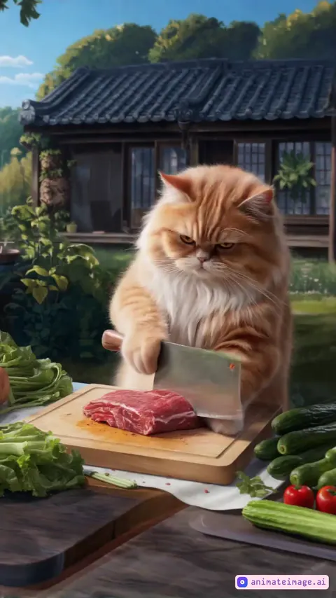 A highly detailed and realistic digital painting of a fluffy orange cat with a serious expression, appearing to chop fresh raw meat on a wooden cutting board with a large cleaver. The cat's fur is soft and well-groomed, with sunlight highlighting its features. The background depicts a lush outdoor setting with green plants and a traditional wooden house with a dark tiled roof, evoking a peaceful countryside atmosphere. Surrounding the cat, there are fresh vegetables like leafy greens and cucumbers, neatly arranged on a table. The overall composition has vibrant colors, natural lighting, and a slightly whimsical touch, making the scene humorous yet visually appealing.