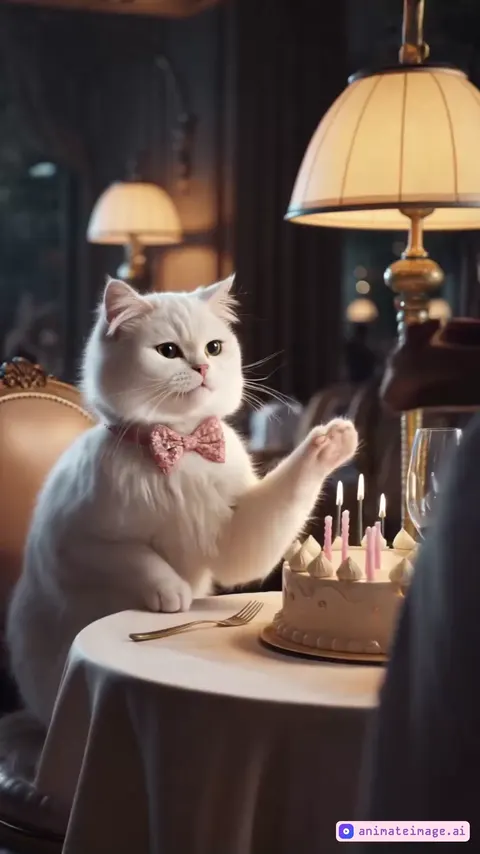 White fluffy cat with a pink bow tie sitting at an elegant restaurant table under a warm, soft lamp light. She gently leans forward and waves her right paw, as if showing guests where she is. The cat looks friendly and welcoming. The background is a refined restaurant interior with soft lighting and a cozy ambiance. The camera captures the cat’s smooth movement and conveys a warm atmosphere. The paw animation should be realistic and continuous. Duration about 5–10 seconds, resolution in 4K or Full HD. The filming style is cinematic, with clear details and a soft depth of field to emphasize the charm of the scene.