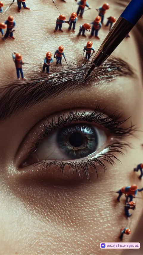 Tiny workers drawing an eyebrow with an eyeliner