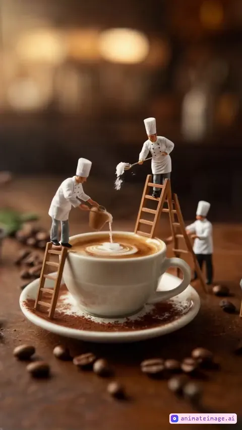 A hyper-realistic miniature scene featuring tiny chefs crafting an exquisite cup of coffee. They are dressed in traditional white chef uniforms with tiny aprons and tall chef hats, their outfits slightly dusted with coffee grounds and cocoa powder. Some workers are standing on ladders, carefully adding ingredients. One chef, balancing on a ladder, is delicately sprinkling sugar into the cup using a tiny spoon, while another, also on a ladder, is pouring milk from a small wooden bucket, creating a smooth swirl in the coffee. A shiny coffee cup sits on a saucer dusted with cocoa powder, surrounded by scattered coffee beans and a small spoon. The background is softly blurred with a warm, cozy café ambiance.