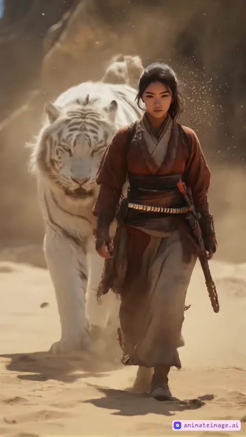  fierce and determined warrior woman walks forward with steady, confident steps across a sunlit desert landscape, her tattered yet intricately designed robe flowing gently in the wind. Her dark, windswept hair frames her intense gaze, exuding strength and resilience. The warm, golden sunlight casts dramatic shadows, emphasizing the texture of her worn clothing, the glint of the swords strapped to her waist, and the dust swirling at her feet. Behind her, a majestic white tiger strides in sync with her movements, its piercing blue eyes focused, exuding both power and grace. Its fur ripples slightly with each step, muscles shifting naturally beneath its coat. Both figures move with controlled intensity, their presence commanding the scene. The desert air is still, apart from subtle particles of sand drifting through the sunlight.The camera captures the scene with slow-motion cinematic movement, keeping the focus on the warrior and the tiger, while the slightly blurred background provides depth. The overall composition is immersive, with a perfect blend of fantasy and realism