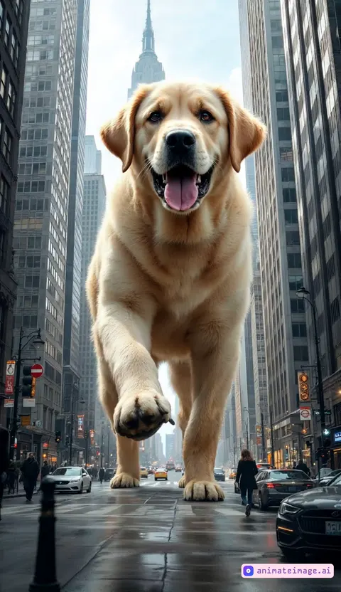 a giant labrador puppy strides straight into the camera on a street among high-rise buildings