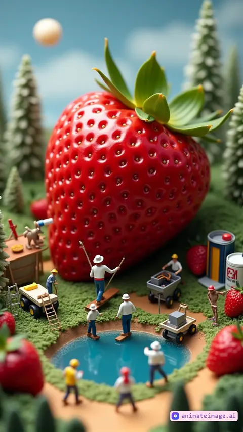 "A whimsical miniature world where tiny human figurines are working on a gigantic strawberry as if it were a construction site. The scene is set in a lush, green environment with rolling hills, trees, and a small pond reflecting the sky. Some workers are using ladders and scaffolding to inspect the strawberry, while others are painting, cutting, or harvesting smaller strawberries. There are tiny vehicles and construction tools scattered around, adding to the realism of this imaginative, surreal, and playful scene. The lighting is soft and warm, creating a dreamlike atmosphere."
