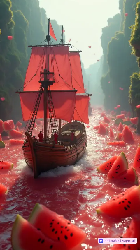 "A grand wooden sailing ship with a miniature team of workers in red coveralls, .and the workers are seen elegant pink sails glides through an otherworldly ocean made entirely of watermelon juice. Gigantic, juicy watermelon slices float on the surface, their black seeds glistening under the surreal underwater lighting. The ship moves forward, cutting through the vibrant red waves, creating gentle splashes. In the background, towering underwater cliffs covered in soft green moss rise high, with smaller watermelon pieces drifting around. Sunlight filters down from above, casting a dreamy glow over the entire scene. The camera follows the ship, capturing the details of its wooden hull, the intricate rigging of the sails, and the whimsical fruit-filled sea, giving a magical and surreal adventure-like feel."