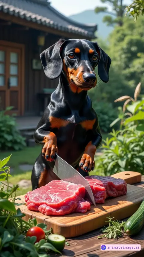 A cheerful black dachshund is standing on its hind legs on a kitchen counter, with a wide grin on its face. The dog uses its front paws to slice meat on a wooden cutting board with a small knife. Its tail wags excitedly as it chops, clearly enjoying the task. The kitchen is bright and cozy, with warm lighting, and the dachshund’s joyful expression brings a sense of fun and whimsy to the scene,handheld device filming