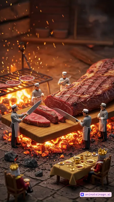 A group of tiny waiters, dressed in neat uniforms with little aprons, are working hard at a grand feast. One tiny waiter is carefully grilling a massive steak over an open flame, the sizzling meat releasing rich aromas. Another tiny waiter is using a sharp knife to slice perfectly cooked meat on a wooden board. The steak is so large that it dwarfs the tiny workers, requiring teamwork to handle. On the other side, away from the fire, a tiny king sits comfortably on a royal chair, wearing a golden crown and a luxurious robe. He eagerly watches as the waiters prepare his meal, his table set with golden plates and fine dining utensils. The scene is warm and lively, with glowing embers and a feast-like atmosphere.