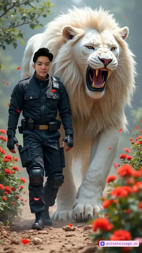 a man in black swat uniform, short hair,  walking side by side with a bus size giant humanoid white lion roaring to the camera. The scenery is alive with bright red flower petals lush green foliage. they a look at camera with confident,the camera zooms out