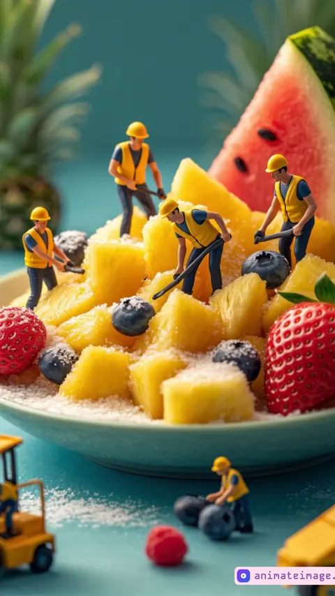 Camera moves dynamically, capturing the intricate details of the workers' synchronized movements. A slow pan reveals tiny figures carefully positioning objects, their hands adjusting tools with precision. One worker shovels gently, spreading the material evenly, while another steadies a rolling piece, giving a quick nod before continuing. A close-up shot follows a worker bending down, wiping their hands before lifting a small object. Another tilts their head, analyzing the progress before signaling their teammates. The camera smoothly transitions to a high-angle view, showing the team climbing, arranging, and adjusting details in harmony. Every motion is deliberate, creating a cinematic flow of construction and teamwork