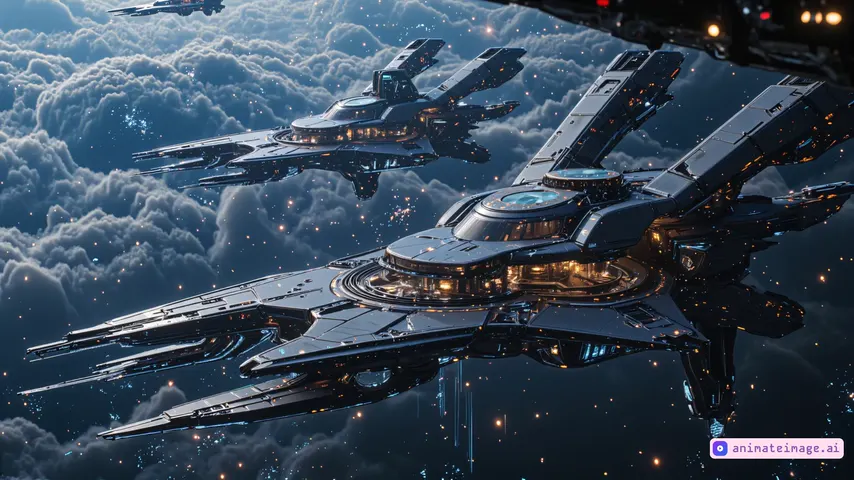 Two space shuttles slowly separating from mother ship, extremely advanced plasma propulsion system, human and AI engineering in the year 2600, intricate architecture, fusion of technological grandeur and futuristic aesthetics, celestial marvel, razor-sharp clarity, crystal-clear reflections, deep high-contrast visuals evoking the essence of a sci-fi masterpiece, masterpiece, ultra-realistic, ultra detailed, razor sharp, crystal clear, 8K, the camera zooms out