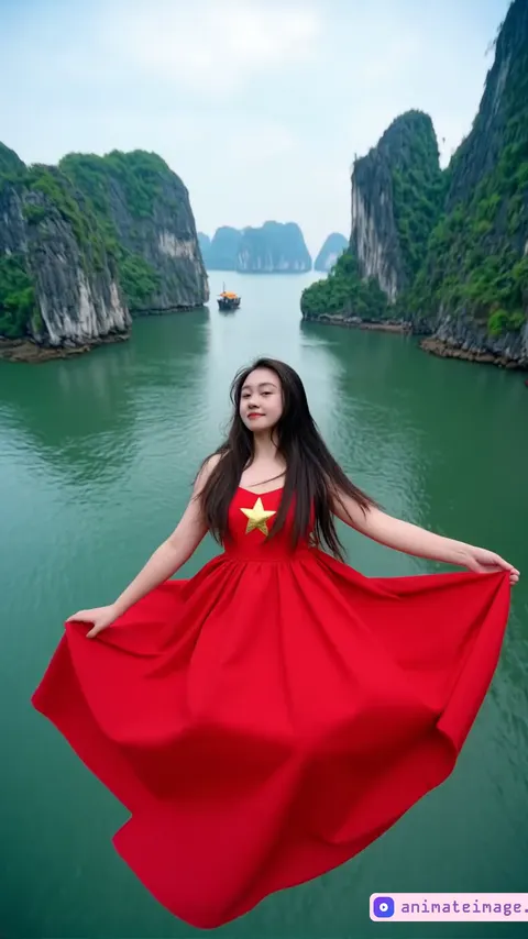 Create an unreal visual of a young Vietnamese girl in a red long dress with a golden star on her chest, flying gracefully over the breathtaking scenery of Halong Bay. Use dynamic camera angles to emphasize her elegance and the bay’s majestic beauty:360-degree rotation shot: Camera spirals around her as she flies, capturing her against limestone karsts. First-person POV: View from her shoulder, seeing the scenery rush by as she glides through the sky. Worm’s eye view: Look up from the water, seeing her soar in contrast with the vast sky and bay.Slow-motion close-up: Focus on her hand through clouds, zooming out to reveal Hạ Long Bay.Time-lapse sky pan: Stationary camera shows her slow flight, with fast-moving clouds.Tilted aerial shot: A sharp downward angle captures her small figure flying against the vast limestone pillars."