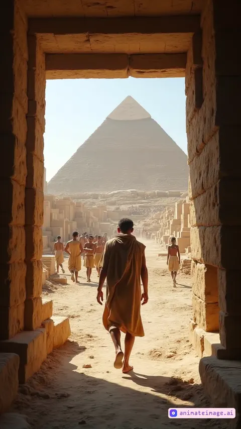 First-person POV of the builder stepping outside the hut into the bustling construction site of a pyramid. The camera shakes slightly to mimic movement as the person walks, revealing the massive structure being built in the distance. Workers, torse nu and wearing worn linen shorts, gather tools and materials, readying themselves for the day's labor. The sound of commands being shouted and the clinking of tools can be heard.