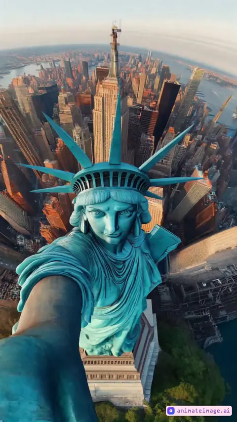 "Une animation fluide et réaliste de la Statue de la Liberté tournant à 360° sur elle-même. Son visage est expressif, avec des mouvements naturels : clignements des yeux, sourires subtils et légers changements d'expression, comme si elle était vivante.