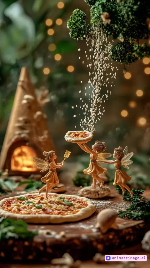 Sel sprinkled on pizza. fairies are making pizza. there is a fire in the oven