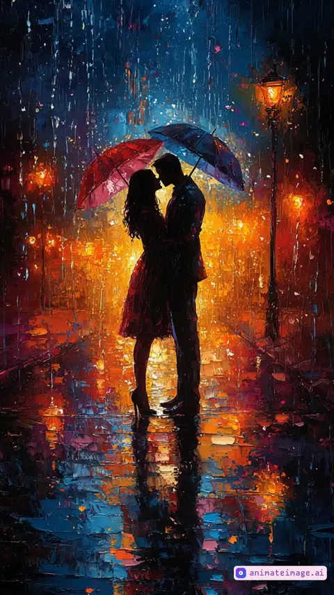 two people kiss in the rain, camera moves and the scenery explodes into a firework of love