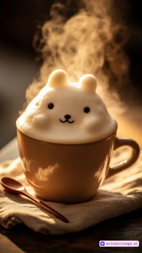 the coffee foam in the shape of a muzzle dances and gurgles. the coffee smokes,