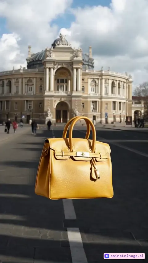 A luxurious mustard-yellow handbag hovers gracefully in midair, positioned prominently in front of the grand opera house. The bag remains perfectly still, its fine leather texture subtly catching the sunlight. A soft breeze gently moves its strap, adding a hint of motion. The background features the elegant architecture of the opera house, with pedestrians walking naturally in the distance, unaware of the surreal floating accessory. The camera begins with a **wide shot**, capturing both the hovering handbag and the magnificent building. Then, a **slow push-in** emphasizes the intricate details of the bag, drawing attention to its texture and metallic hardware. The lighting remains natural, enhancing the realism of the scene while maintaining a refined, cinematic composition.