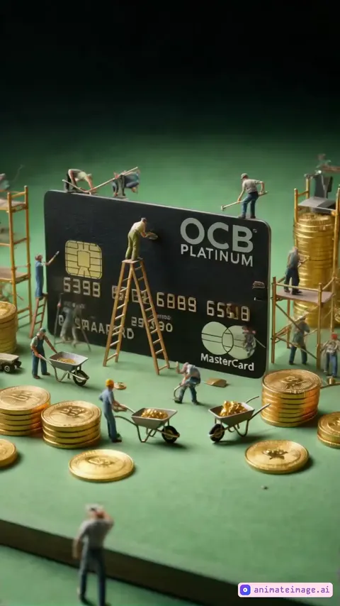 A 10-second video of a highly detailed miniature scene featuring tiny workers actively assembling a black OCB Platinum card, which is standing upright. The workers are moving, using small ladders, tools, and wheelbarrows to construct the card, adding embossed numbers, the chip, and the logo. Some workers are on scaffolding, carefully placing details, while others operate from the ground.The card features a stylized golden coin pattern in the center as an elegant focal point. A few scattered gold coins are present in the scene. The workers are animated, hammering, painting, and welding, making the card appear as if it is being built in real time. The vibrant green background contrasts with the card and the gold coins. The scene is well-lit, with smooth camera movements capturing the depth and perspective of the construction process, cinematic depth of field, ultra-detailed textures, and 8K resolution.