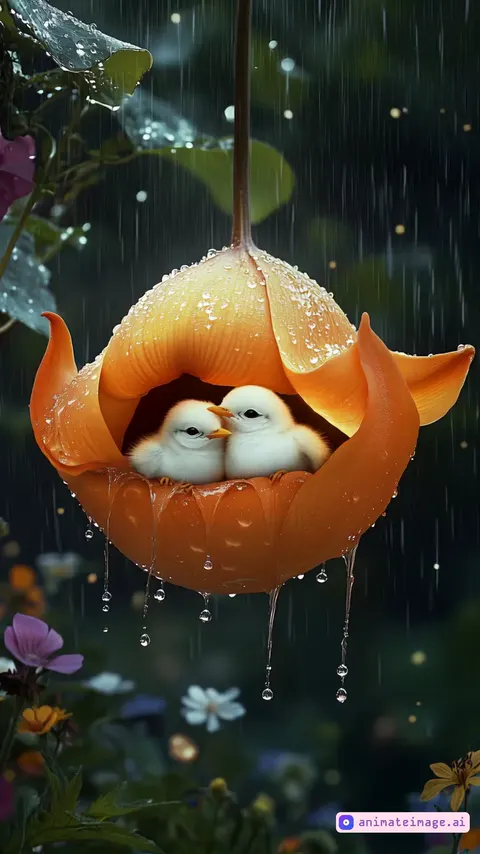 Raindrops hit the flower, bouncing and sliding down as the little birds shiver slightly from the cold. Their feathers tremble with each drop touching their shelter. The soft light creates sparkling reflections on the suspended droplets. Cozy, magica