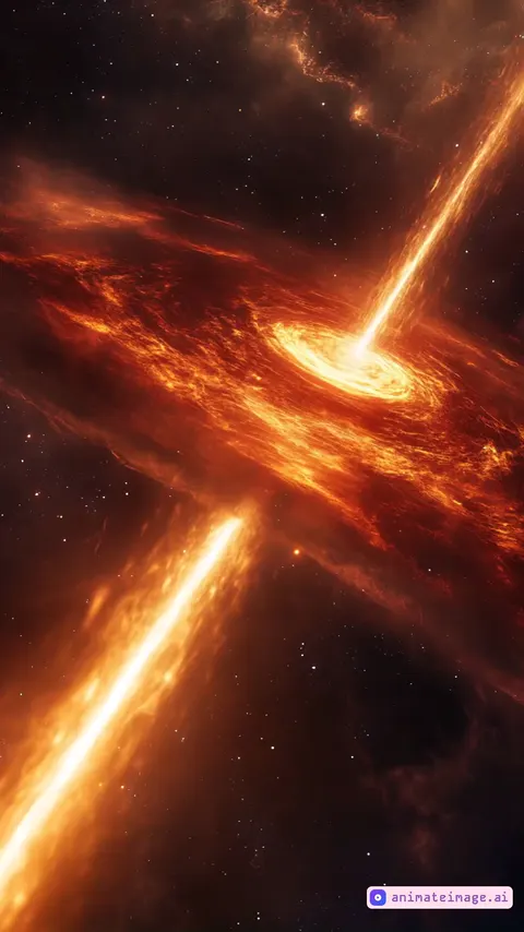 the camera rotates around the subject,positioned at a Long Shot,rich details,a black hole rotates and emits radiation in a beam of energy on both sides, which flies away from the black hole