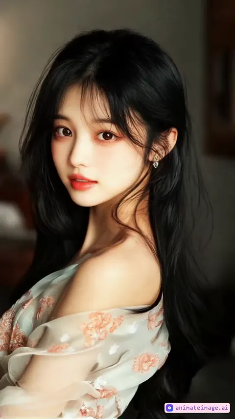 Beautiful young woman with long, flowing black hair looking at the camera with a warm and gentle smile. Her expression is soft, captivating, and radiates kindness, perfectly matching the elegant and serene atmosphere of the scene. Her delicate floral-patterned outfit subtly moves as she shifts slightly, with her hair gently swaying. The soft, warm lighting highlights her smooth skin and elegant features while creating a cinematic and dreamy ambiance. The background remains softly blurred, ensuring the focus stays on her expressive eyes and warm smile. The camera smoothly zooms in as she maintains eye contact, enhancing the intimacy of the moment while capturing the natural elegance and subtle movements of her hair and outfit