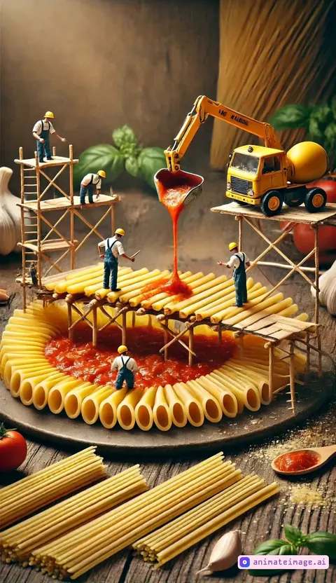 A hyper-realistic macro photograph of tiny construction workers in yellow helmets building a spaghetti bridge over a river of tomato sauce. A miniature crane carefully lifts a curled fusilli, while another worker welds together pieces of lasagna sheets like steel beams. A tiny cement mixer pours melted cheese onto the structure, and a worker with a paintbrush carefully spreads a layer of pesto. The background features a rustic wooden kitchen counter with garlic bulbs and fresh basil, enhancing the cozy, authentic feel. Warm lighting, ultra-detailed textures, shallow depth of field, 8K resolution.