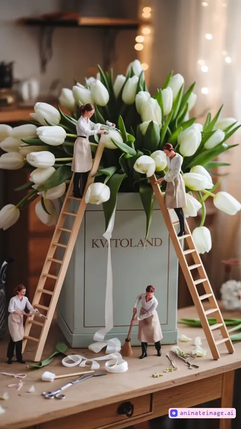 Tiny florists are engaged in their work. One florist is trimming the leaves with a miniature pair of scissors, while the other is watering a tulip bud with a tiny watering can. Below, a third florist is tying a satin ribbon around the box. Nearby, another florist is sweeping up trimmed petals and leaves with a tiny broom. The camera moves slowly, showing the work of florists. Tulips also move smoothly. The background is slightly blurred, with a warm lighting that adds a sense of charm and elegance to the scene.