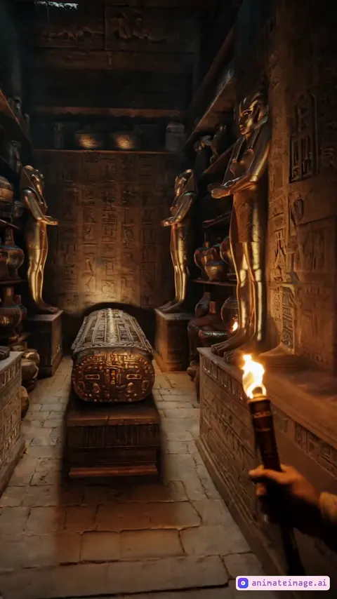 Depuis une perspective à la première personne, l’archéologue entre lentement dans une chambre funéraire antique, tenant une torche dont la flamme vacille et projette des ombres mouvantes sur les murs couverts de hiéroglyphes. Face à lui, un sarcophage richement orné repose sur un socle en pierre, reflétant la lueur dorée du feu. Légères particules de poussière flottent dans l’air, illuminées par la torche. Les mouvements sont naturels et réalistes, la torche réagissant subtilement aux gestes et aux déplacements.